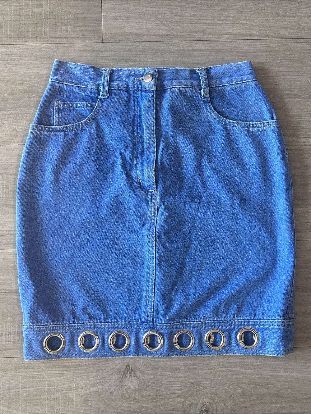 Vintage 90s Blue Denim Mini Skirt with Grommet Hem